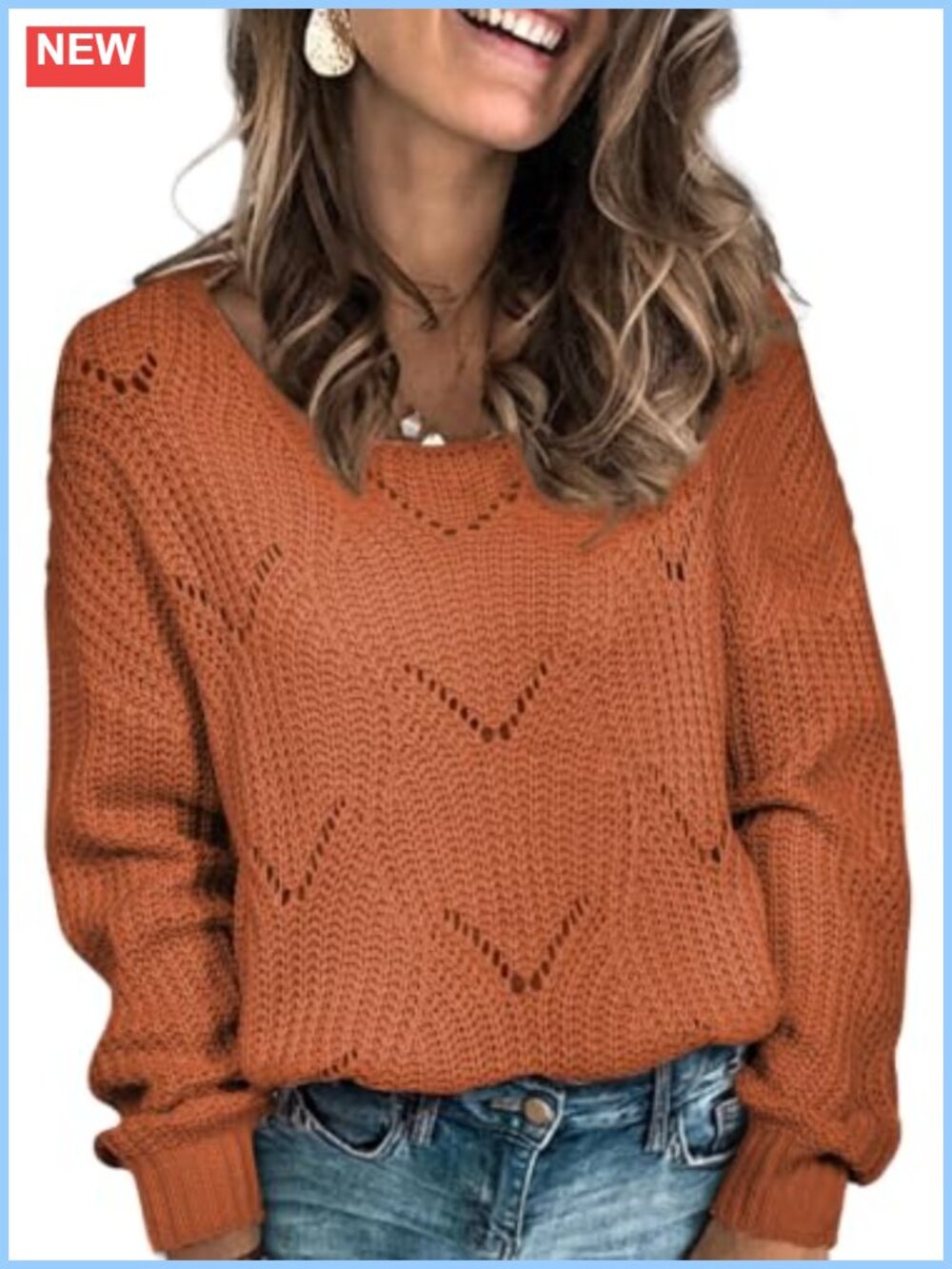 Women's Boat Neck Hollow Out Crochet Knit Pullover Sweater Fall Outfit